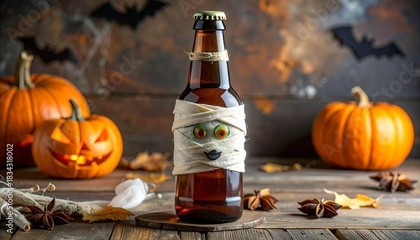 Obraz A mummy-wrapped beer bottle sits amid fog, glowing jack-o'-lanterns, and bats in a spooky Halloween setup.