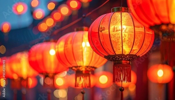 Fototapeta Glowing red Chinese lanterns hang in rows, casting warm light in a festive nighttime celebration.
