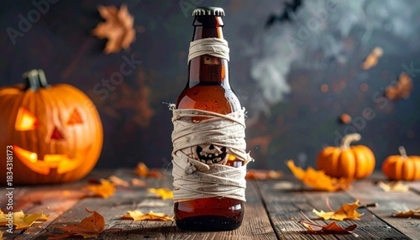 Obraz A mummy-wrapped beer bottle sits amid fog, glowing jack-o'-lanterns, and bats in a spooky Halloween setup.