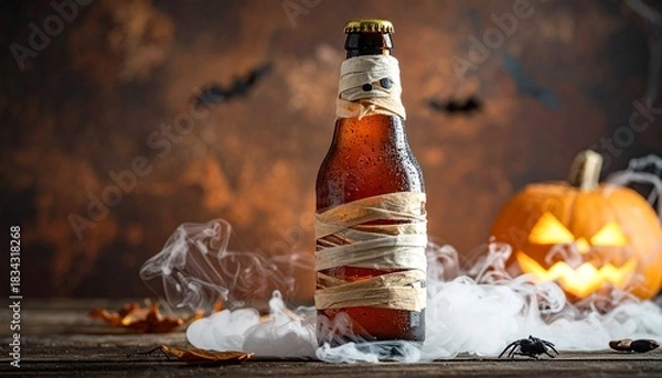 Obraz A mummy-wrapped beer bottle sits amid fog, glowing jack-o'-lanterns, and bats in a spooky Halloween setup.