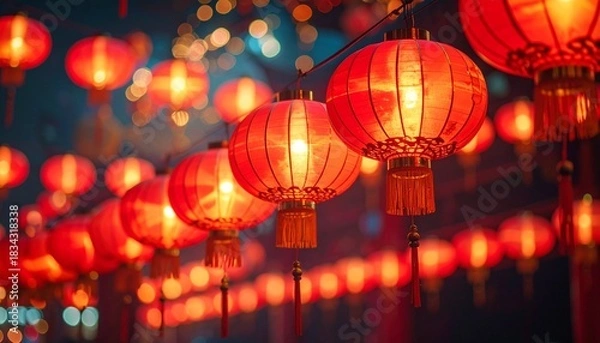 Obraz Glowing red Chinese lanterns hang in rows, casting warm light in a festive nighttime celebration.