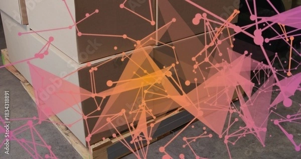 Fototapeta Stack of cardboard boxes sitting on pallet in warehouse, showing tape, band, green mark, overlay