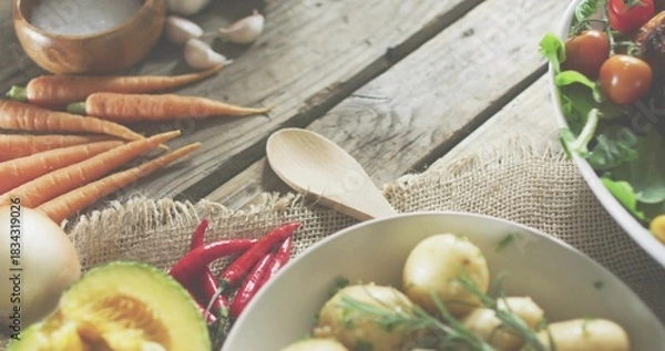 Fototapeta Displaying bowl of boiled potatoes with herbs on wooden table, with wooden spoon, carrots, avocado