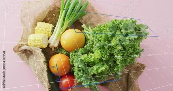 Fototapeta Showing burlap sack with kale, oranges, tomato, corn, scallions on pink table with wireframe grid