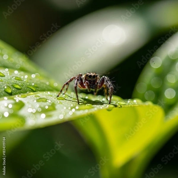 Fototapeta Close up of a small brown spider on a wet green leaf jumping spider insect