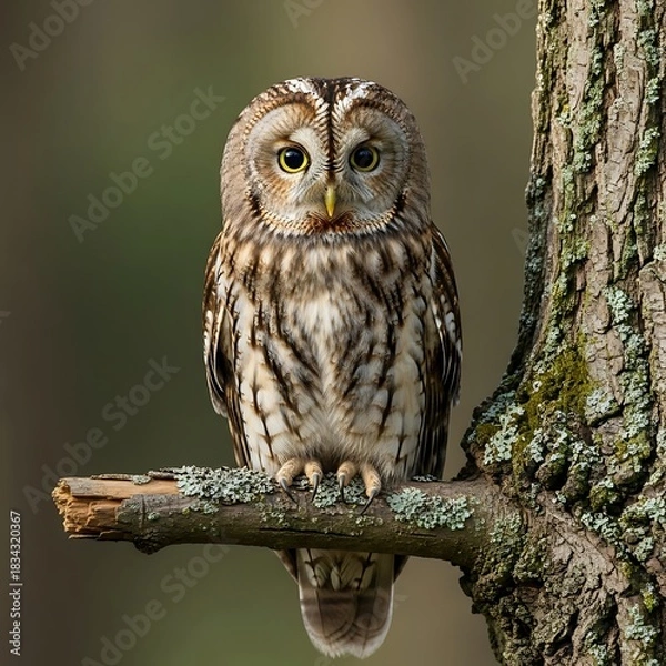 Fototapeta Tawny owl perched on mossy branch with wide yellow eyes bird wildlife