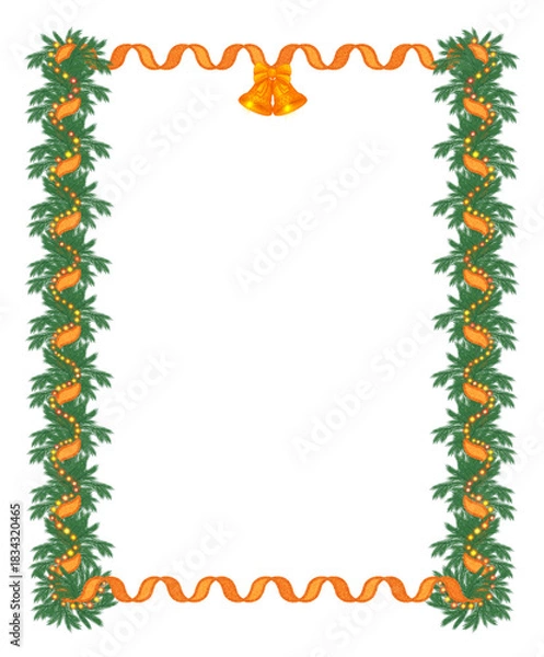 Fototapeta Christmas frame, isolated garland of fir branches, orange and gold streamers and bright glowing garland on a white background. Vector illustration.