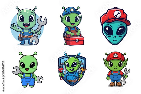 Obraz Alien Mechanic Cartoon Set Vector Illustration