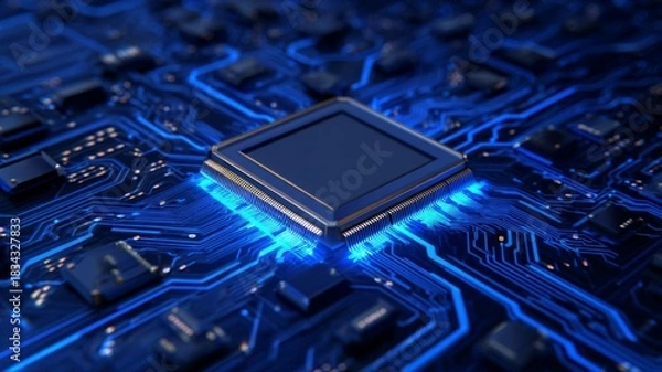 Fototapeta Close-up of a microchip with blue lighting on a complex circuit board.