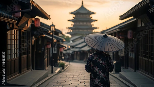 Fototapeta Stroll through Traditional Japanese Street with Pagoda View and Person Holding Umbrella