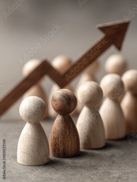 Fototapeta wooden figures lined up in ascending order beneath upward trending arrow graph team development collective growth organizational success strategies visualizing employee empowerment for career