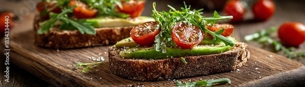 Obraz Hearty slices of dark bread topped with sliced avocado, halved small tomatoes, and fresh greens rest on a wooden cutting board