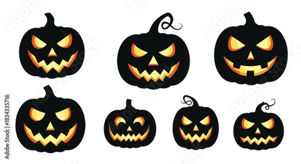 Obraz Collection of seven spooky carved jack o'lanterns with glowing eyes and mouths on a white background.