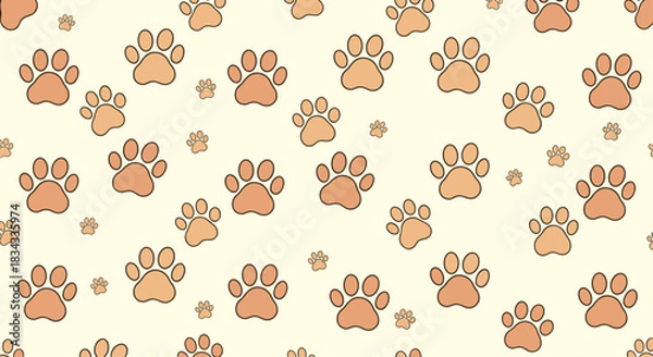 Obraz A seamless pattern of cute, light brown paw prints scattered across a pale yellow background.
