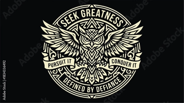 Obraz Intricate owl emblem with motivational words on black background.