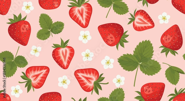 Obraz Seamless pattern with illustrations of red strawberries, green leaves, and white flowers on a pink background.