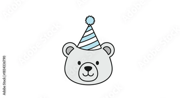Obraz Cute gray bear wearing a light blue and white striped party hat with a pom pom on top.