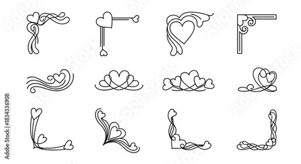 Obraz Collection of decorative heart-themed borders and corner elements for design and crafting.