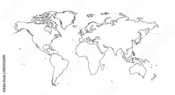 Obraz Outline map of the world showing continents and oceans in black and white.