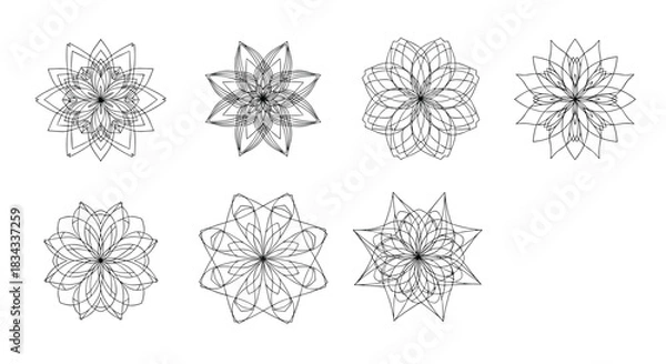 Fototapeta Collection of intricate line art mandalas and floral patterns on a white background.