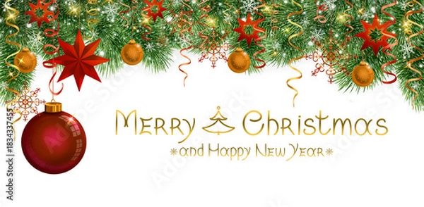 Obraz Merry Christmas and New Year red decorations with green fir branches and red bauble .