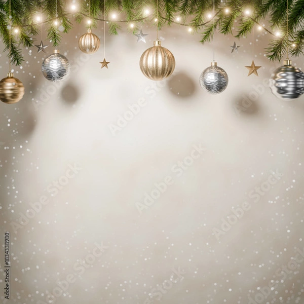 Obraz Christmas Greeting Card Background with Gold and Silver Baubles, Pine Branches, Soft Snowfall and Blank Space for Text – Festive Square Holiday Design with Ornaments