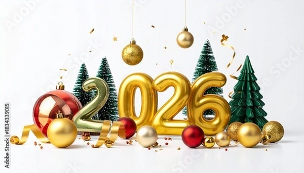 Fototapeta Golden "2026" numbers stand amid decorated Christmas trees, ornaments, and confetti on a clean white background with minimalist "Happy New Year" text.