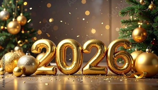 Fototapeta Golden "2026" text and "Happy New Year" message sit below pine branches with ornaments, ribbons, and confetti on a warm beige background.