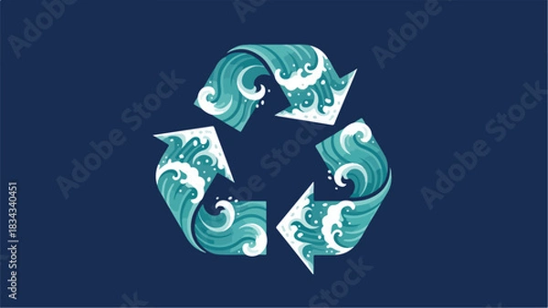 Obraz Recycling symbol with ocean waves representing environmental conservation.