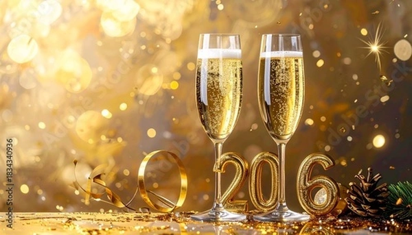 Fototapeta Golden illuminated "2026" numbers stand upright beside two champagne glasses filled with sparkling wine, set against a warm bokeh-lit festive background.