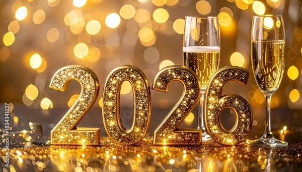 Fototapeta Golden illuminated "2026" numbers stand upright beside two champagne glasses filled with sparkling wine, set against a warm bokeh-lit festive background.