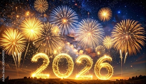 Fototapeta Golden sparkler-style "2026" numbers shine in the night sky amid vibrant fireworks and a glowing cityscape.
