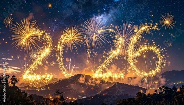 Fototapeta Golden sparkler-style "2026" numbers shine in the night sky amid vibrant fireworks and a glowing cityscape.