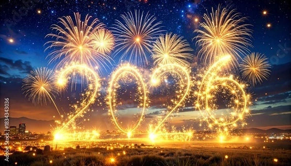 Fototapeta Golden sparkler-style "2026" numbers shine in the night sky amid vibrant fireworks and a glowing cityscape.