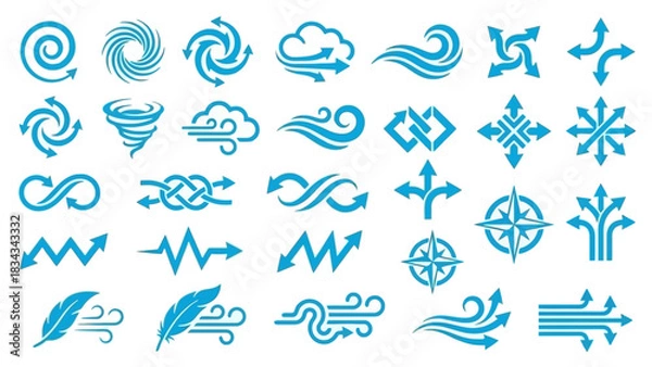 Fototapeta Stylized Blue Vector Icon Set of Wind and Airflow Patterns – Featuring Arrows, Swirls, and Circular Motions for Visual Themes in Weather, Motion Graphics, Environmental Design, and Aerodynamic Concept