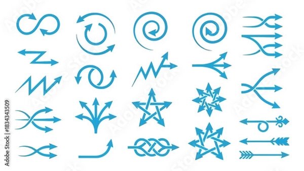 Fototapeta Stylized Blue Vector Icon Set of Wind and Airflow Patterns – Featuring Arrows, Swirls, and Circular Motions for Visual Themes in Weather, Motion Graphics, Environmental Design, and Aerodynamic Concept