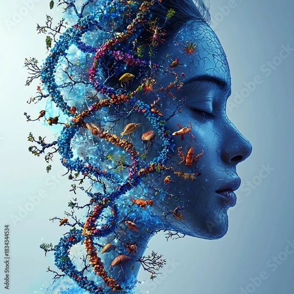 Obraz Abstract dna portrait with nature elements and a serene profile view of a woman