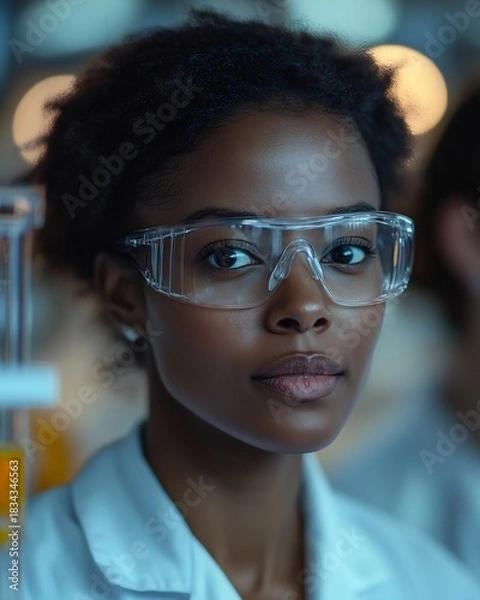 Obraz Portrait of a scientist in the lab with glasses and lab coat looking forward intently