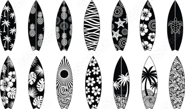 Fototapeta surfboard, tropical, beach, ocean, wave, hibiscus, pineapple, turtle, palm, starfish, black, white, outline, pattern, illustration