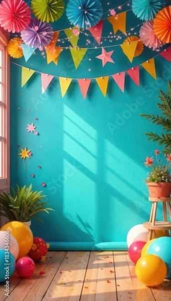 Fototapeta Vibrant party decorations with balloons paper fans and colorful bunting on a teal wall