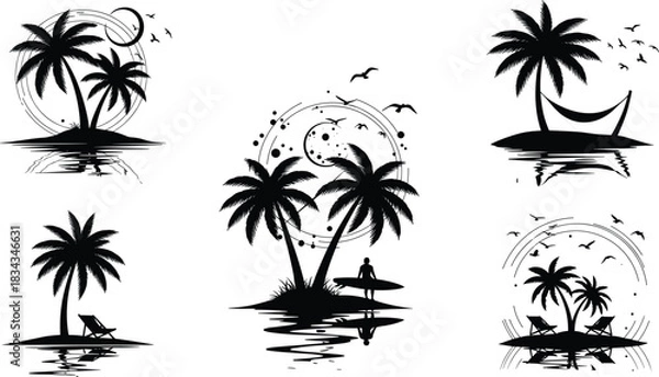 Fototapeta tropical, island, beach, palm, tree, vacation, summer, surf, hammock, chair, moon, birds, ocean, silhouette, paradise