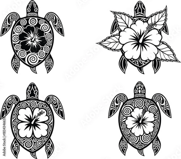 Fototapeta turtle, tribal, hibiscus, flower, shell, nature, pattern, black, white, outline, decorative, symbol, culture, symmetry, illustration