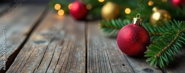 Fototapeta A close-up of a festive Christmas decoration on a textured wooden background, perfect for holiday greeting cards or seasonal promotions , red, cozy