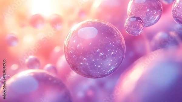 Obraz Translucent spheres with air bubbles float above pink and purple gradient background