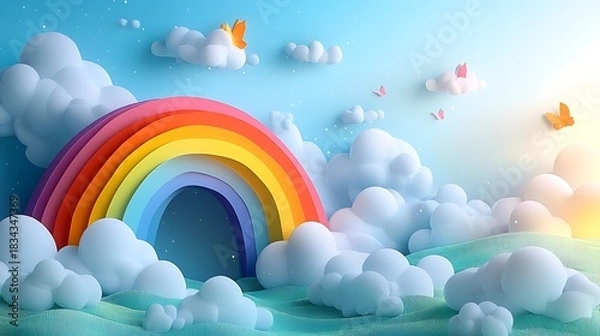 Obraz Vibrant paper cut rainbow arch above fluffy clouds and colorful butterflies over undulating green hills