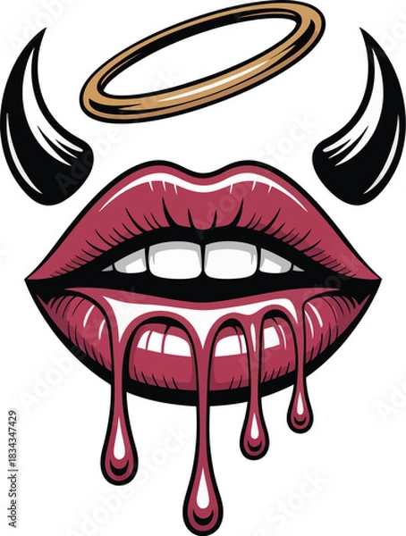 Fototapeta Alluring hand-drawn graphic of juicy red lips, blending angelic and devilish elements