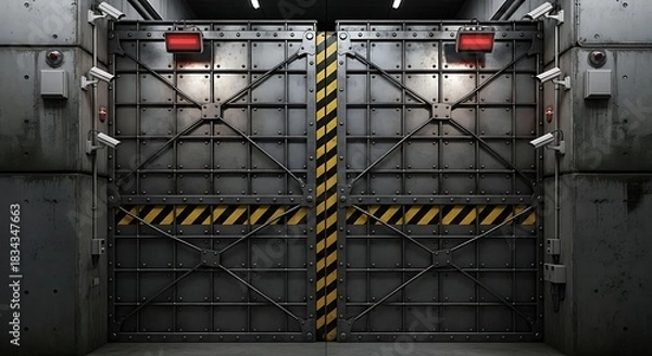 Obraz Old metal gate and industrial steel door on a concrete building site with scaffolding and a crane