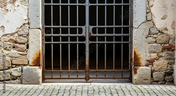 Obraz Antique wooden window frame with old iron prison bars set in an ancient stone building wall