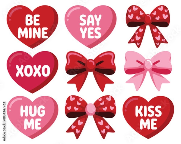 Fototapeta Adorable Valentine's Day hearts with messages and lovely ribbon bows set