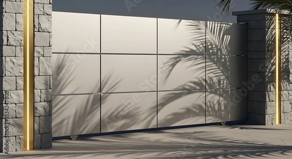 Obraz Industrial metal garage door on a brick wall of an old urban building with a reflection of the sky and surrounding architecture